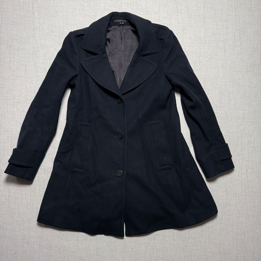 Theory Hudson Peacoat Wool Cashmere Black Button Lined Longline Coat Size S